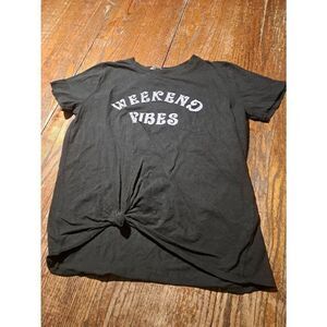 Medium Tres Bien Black Short Sleeve Tie Waist Weekend Vibes Pullover Tee Tshirt